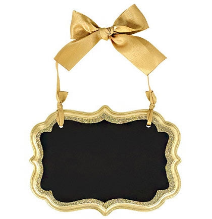 Make a beautiful presentation with this small 4" gold chalkboard marquee sign! The sign is accented with a satin gold ribbon that can be hung or put over a bottle. 