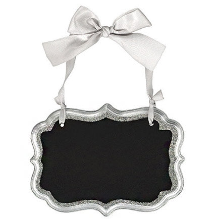 This 4" small silver chalkboard sign is accented with a satin silver ribbon that can be hung on a wall or is small enough to put over a wine bottle. 