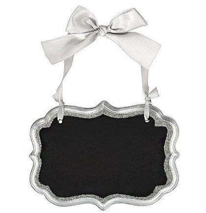 This 4" small silver chalkboard sign is accented with a satin silver ribbon that can be hung on a wall or is small enough to put over a wine bottle. 