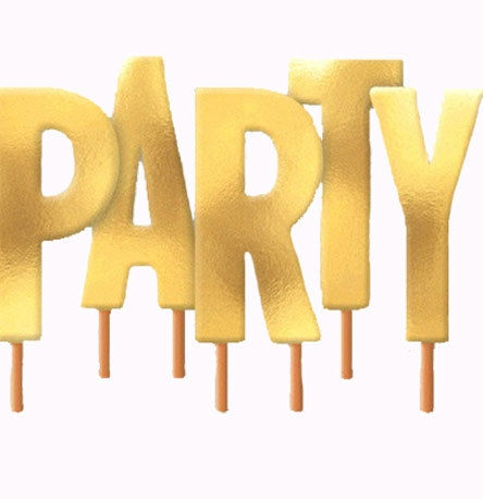 Decorate your cake or cupcakes with these fun PARTY candles. Each gold metallic letter comes on it&#39;s own pick and measures two inches tall. 