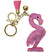 This fun 3.75" pink felt with rhinestone Flamingo shaped keychain is accented with a pink tassel and a gold bead on the chain. 