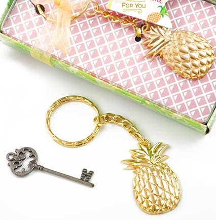 This adorable pineapple gold metal keychain is the perfect party favor to give to the guests at a Tropical Bachelorette Party. The 1.5" tall keychain comes in a small gift box for easy gifting. 