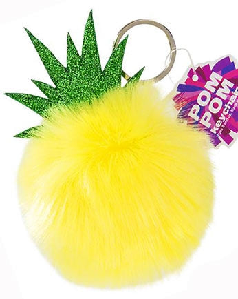 This adorable yellow pineapple pom pom keychain has a green glitter topper. This 4.5" keychain is the perfect party favor to give to the guests at the party. 