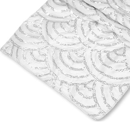 This 13"x108" white taffeta and silver sequin runner is perfect for a bachelorette party or bridal shower. 