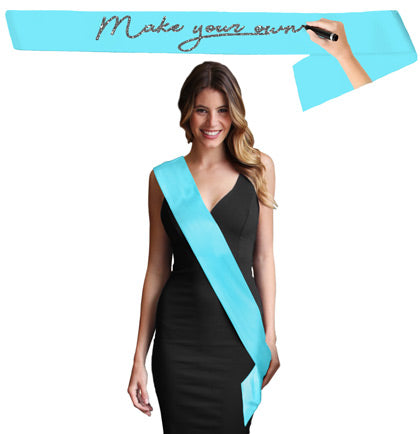 Looking for something blue you want to create yourself for the bride? Our Light Aquad Blue satin sash will be the perfect vessel to put your personal tough on. Our sashes are a premium double layer real satin. Perfect the bride or bridal party to wear to the bachelorette party, bridal shower and more.  
