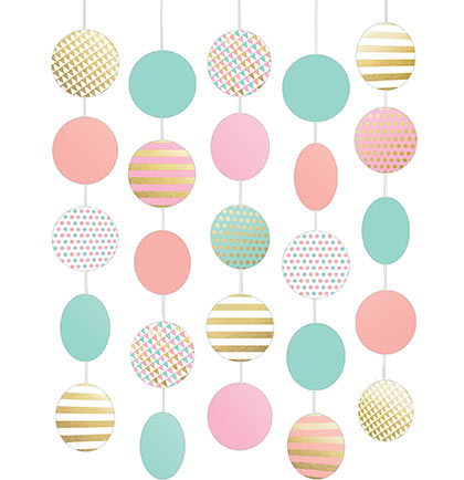Looking for an easy and inexpensive way to decorate a bachelorette party or bridal shower? This set of five dangles are 5' long with various patterned 8" circles that hang from an invisible string. They're perfect to decorate walls, doorways or create a back drop area for guests to take party photos throughout the night. 