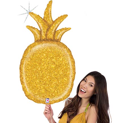  This large 35" Gold Glitter Pineapple Mylar Balloon will stand out at a Tropical Bachelorette Party. Not only does it make a great decoration it will be fun to pose with it in pictures. 