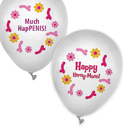 These hilarious 11&quot; white Risque Sayings balloons have two different outrageous sayings per balloon and are accented with flowers and peckers! 