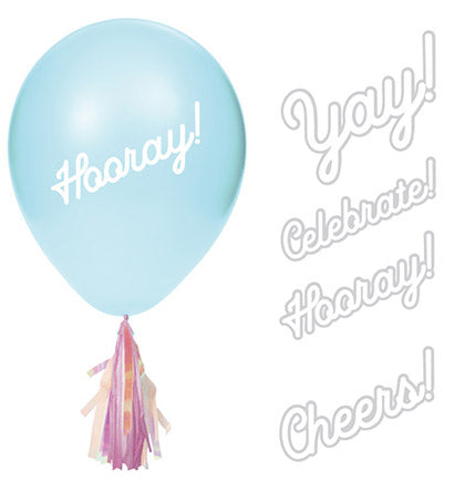 Create a special party balloon for the bride with the unique Balloon Sticker & Tassel Kit. The kit includes four white sticker sayings and four 8"pink tassels. The kit components will fit most standard sized balloons. Please note a balloon is not included with the kit. 