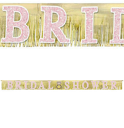 This large 10ft long Bridal Shower Fringe Banner is perfect to hang in front of a large party table. You can also create a stunning backdrop behind the table with other pink and gold decorations for a festive party look. 