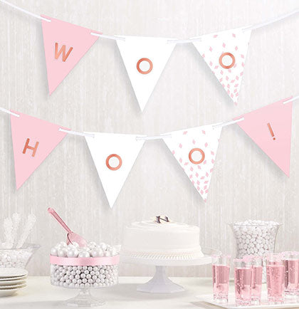 Make the bride feel special with the custom pennant banner kit. Create your own special message with this 15ft long pennant banner. The kit includes six sticker sheets with multiple letters, numbers and special characters. Hang the banner against a wall behind a bar or buffet. 