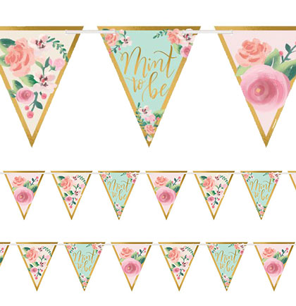 Decorate a floral themed bachelorette party or bridal shower with this pretty Mint to Be pennant banner! This 15ft banner has various pastel floral patterns on twenty-four pennants. It&#39;s perfect hung against a wall, in front of a party table or between a large doorway.