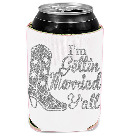 Having your bachelorette party in Nashville? This can cover is perfect for a western Bride To Be on the go with her soft drink! This can cover says I'm Gettin' Married Y'all in rose gold accented by cowboy boots and stars. Makes a great keepsake long after the wedding is over.