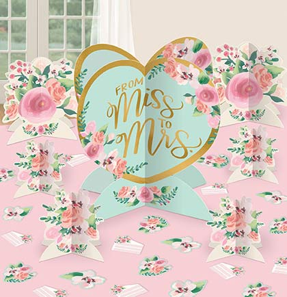Your buffet table or party tables will look amazing with this pretty floral centerpieces. The kit includes five centerpieces with one large one sayin From Miss to Mrs. and large confetti pieces to scatter on the tables. Perfect for the bachelorette party or bridal shower. 