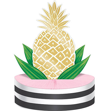 Decorate your tropical themed party tables with the gorgeous Gold Metallic Pineapple Centerpiece. The centerpiece is 12" tall and is easily assembled. Pair the centerpiece with other gold metallic tableware to create a festive party look. 