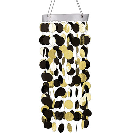 Having an upscaled bachelorette party? This Gold &amp; Black Hanging Chandelier will be perfect to add to the party. The chandelier hangs 30&quot; long and has invisible strings with shiny black and gold cutouts strung vertically. 