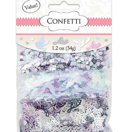 Decorate the party tables with this confetti. The mix of iridescent pinks and white confetti comes with hearts, doves and the word love. This easy decoration with add a lovely touch to the tables or add it the the favor bags to give out to the party guests. 
