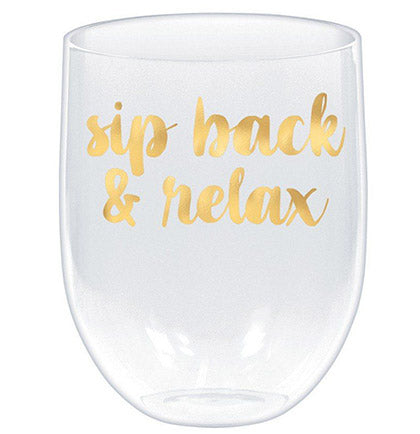 The bride and bridal party will love this fun stemless wine glass! This plastic glass holds 15oz. and says Sip Back & Relax in a gold imprint. It's perfect for a spa day bachelorette party or any time! 