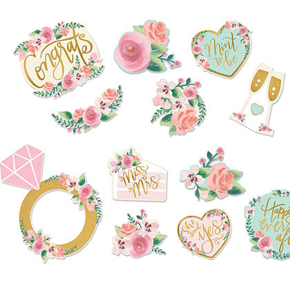 Create a backdrop for a bachelorette party or bridal shower with these pretty Pink & Mint Floral Cutouts. The set includes eight pieces that have saying like She Said Yes, Congrats, Mint to Be and more! Use the cutouts by hanging against a wall behind a party table. The cutouts can also be used as props while taking party pictures.  