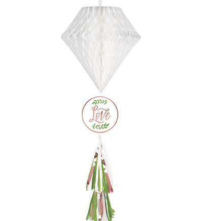 This 29.5&quot; tall Love Honeycomb decoration will add just the right touch to the bridal shower or bachelorette party. The white honeycomb diamond has a white, green and rose gold metallic fringe tail for a pretty effect. This decoration will look great hung from the ceiling or a light fixture.