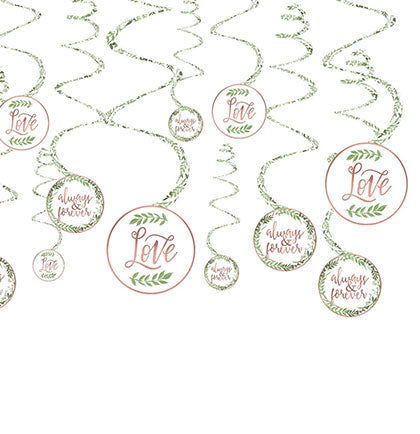 Having a Bachelorette Party and need ideas on how to decorate the party? These pretty swirl danglers will be the perfect decoration to hang from the ceiling or doorway. The set of twelve danglers say Love and Always & Forever accented with greenery. 
