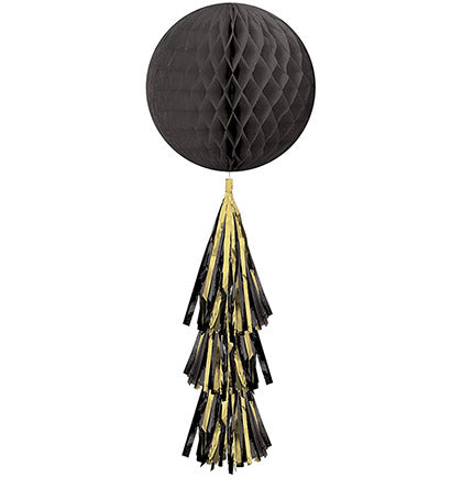 This classy Black & Gold Honeycomb decoration will add some glam to the bachelorette party. The 28" long hanging dangler has a black honeycomb ball a black and gold metallic fringe tail for a dramatic effect. Hang the decoration from the ceiling, a light fixture or a large doorway to wow the party guests. 