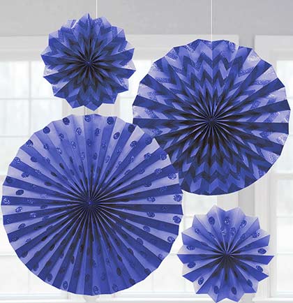 Create a stunning visuals with these gorgeous fans. These set of four glitter blue tissue hanging fans will be add some drama to a bachelorette party. The paper fans have glittery polka dots and chevron patterns 
