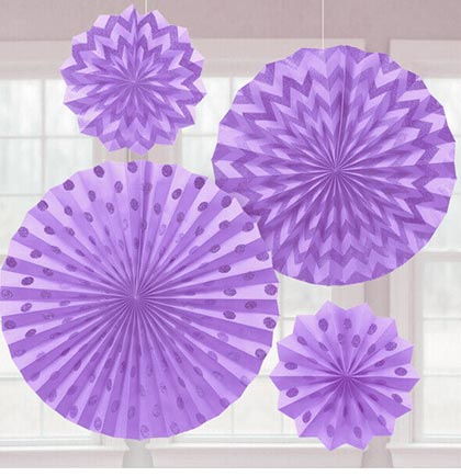 Add a fun pop of color with these gorgeous fans. These set of four purple glitter tissue hanging fans will be add a lot of fun for the party. The paper fans have glittery polka dots and chevron patterns. Hang them from the ceil or create a backdrop behind a bar or buffet table. 