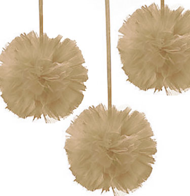 Create a whimsical party look with these fun Gold Fluffy Poufs. The set of three 12" gold poufs are made with tulle and will hang easily. Hang them from grouped together from a wall or ceiling. 