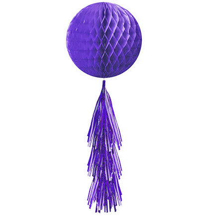 This Purple Honeycomb dangler will be a great decoration to add some color at bachelorette party. The hanging dangler has a purple honeycomb ball with various purple colored fringe tail at the bottom. This versatile 28&quot; long hanging dangler can be hung from a chandelier or light fixture or the ceiling.