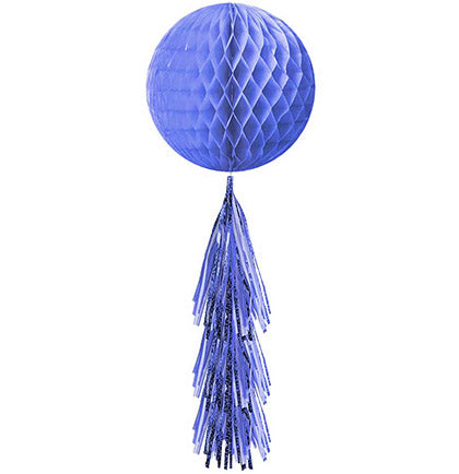 This 28&quot; long Blue Honeycomb decoration will add a bold pop of color to the bachelorette party. The hanging dangler has a royal blue honeycomb ball with a paper and metallic blue fringe tail at the bottom. This versatile hanging dangler can be hung from the ceiling, a light fixture or a large doorway to wow the party guests.