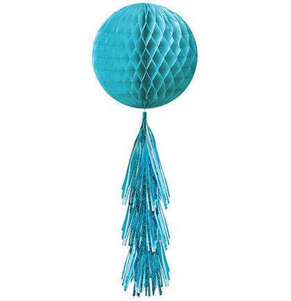 This Turquoise Honeycomb dangler will be a great decoration to add color at bachelorette party. The hanging dangler has a turquoise honeycomb ball with various turquoise colored fringe tail at the bottom. This versatile 28" long hanging decoration can be hung from the ceiling or light fixture.