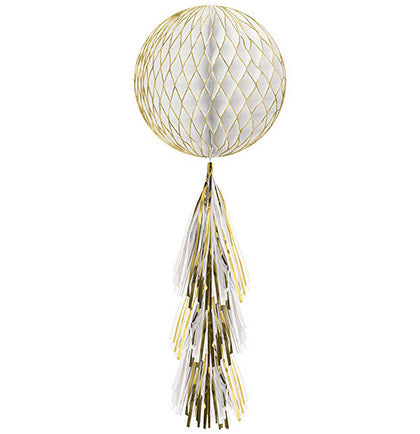 This White & Gold Honeycomb decoration will add some glitz and glam to the bachelorette party or bridal shower. The hanging dangler has a white honeycomb ball with gold metallic trim and a white and gold metallic fringe tail. Hang the 28" long decoration from the ceiling, a light fixture or a large doorway to wow the party guests.