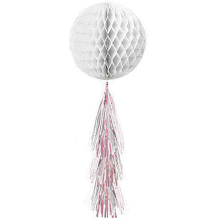 This 28" long White & Pink Honeycomb decoration will be so pretty to help decorate the bachelorette party or bridal shower. The hanging dangler has a white honeycomb ball with a white and iridescent pink fringe tail at the bottom. This versatile hanging dangler can be hung from the ceiling or light fixture to wow the party guests.