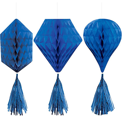 These Blue Honeycomb Decorations are perfect for a bachelorette party. The set of three decorations comes in three unique shapes: hot air balloon, diamond and hexagon. The decorations have a 3D effect once assembled. The blue decorations have a 6&quot; blue fringe tail at the bottom.