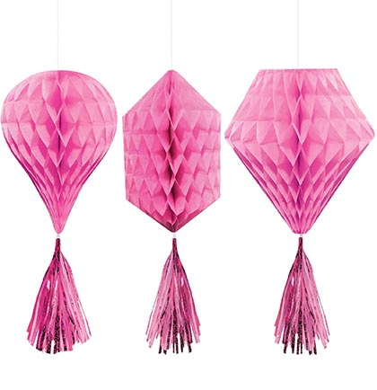 These fun Pink Honeycomb Decorations are perfect for a bachelorette party or bridal shower. The set of three pink decorations comes in three unique shapes: hot air balloon, diamond and hexagon. The decorations have a 3D effect once assembled. Each decoration has a 6" fringe tail at the bottom. 