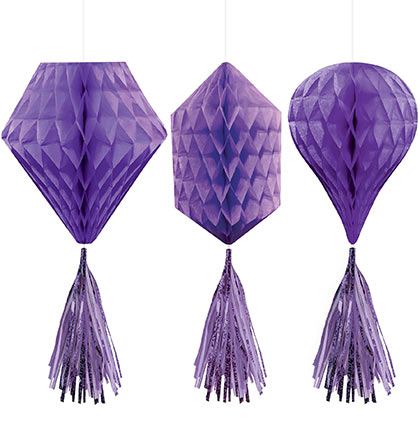 Jazz up your bachelorette party with these Purple Honeycomb Decorations. The set of three comes in three unique shapes: hot air balloon, diamond and hexagon. The decorations have a 3D effect. Each decoration has a 6" fringe purple tail at the bottom. 