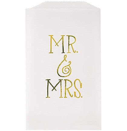 These translucent white and metallic gold Mr. &amp; Mrs. Treat Bags are perfect for a bachelorette party, bridal shower or wedding reception. The small  6.5&quot; tall treat bags are big enough to put a few candies in. Put  the treat bags out on a party table as a thank you for the guests coming to the party.
