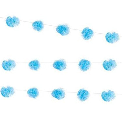 Create a whimsical look at the bachelorette party or bridal shower with these Light Blue Tulle Pom Pom Garland. The garland is 7ft and comes with 11 Tulle Pom Poms. Hang the garland against a wall or drape it against a party table. 