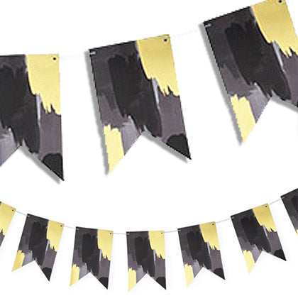 Decorate an upscale bachelorette party with this unique banner! The 8ft long pennant banner has a metallic gold and black brushstroke pattern. Different ways to hang the banner is against a wall, along a party table or in a large doorway. Make sure to pair the banner with other gold and black decorations to complete the look. 