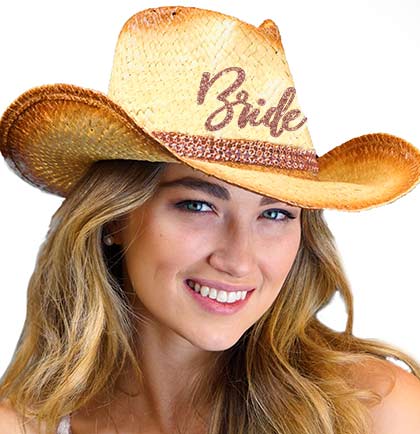 Bride Rose Gold Glam Straw Western Hat