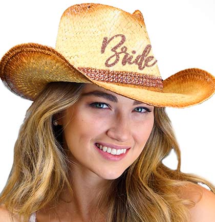 Bride Rose Gold Glam Straw Western Hat | Bachelorette Party  display picture 2