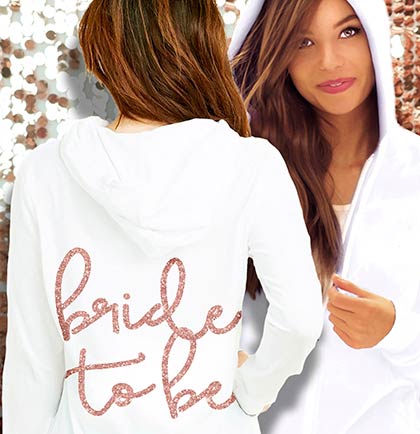 White Lightweight Hoodie with a rose gold glitter Bride to Be back graphic