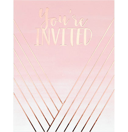 These cute party invites will get all of your party guests excited for your big event! The front says You're Invited in rose gold metallic accented with stripes. The backside has lines for you to put all of the important details of the party. The set comes with eight invites and envelopes. Make sure you get enough for all of your guests!