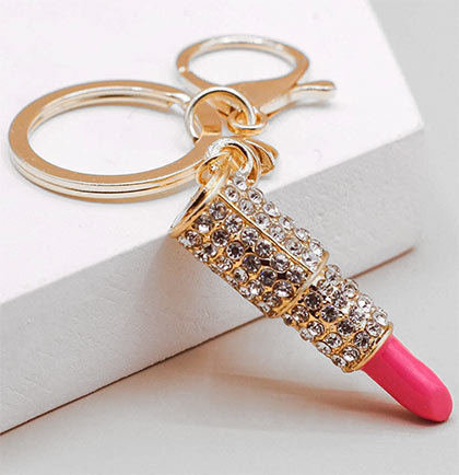 Lipstick Rhinestone Gold Keychain