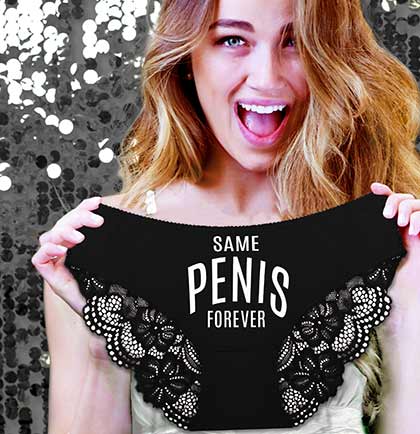 White Same Penis Forever lace trim black bikini panties. 