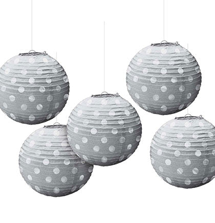These Set of 5 Paper Mini Lanterns are perfect for a bridal shower or bachelorette party. The 5" round lanterns are silver with metallic silver polka dots. The set comes with wire frames and string for easy hanging for an indoor or outdoor party. 