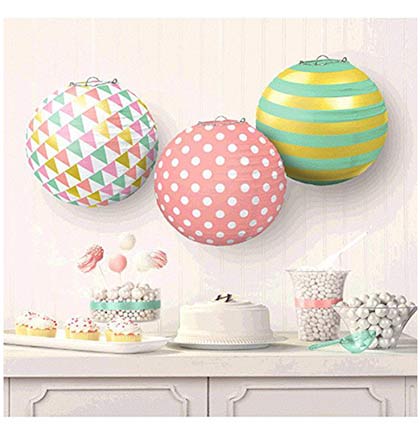 These pretty Set of 3 Paper Lanterns are perfect for a bridal shower or girly bachelorette party. The lanterns feature pastels colors in different patterns like polka dots and strips. The set comes with wire frames and string for easy hanging. 