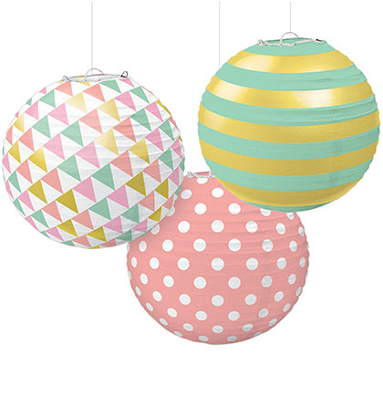 These pretty Set of 3 Paper Lanterns are perfect for a bridal shower or girly bachelorette party. The lanterns feature pastels colors in different patterns like polka dots and strips. The set comes with wire frames and string for easy hanging. 