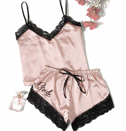 Rose Gold Satin and Black Lace Trim Lingerie Set with Black Glitter Bride on the right bottom side. 
